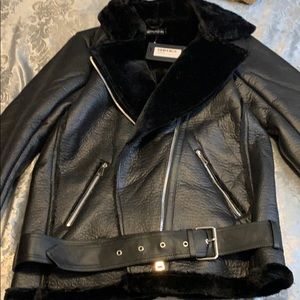 Black oversized faux leather aviator jacket